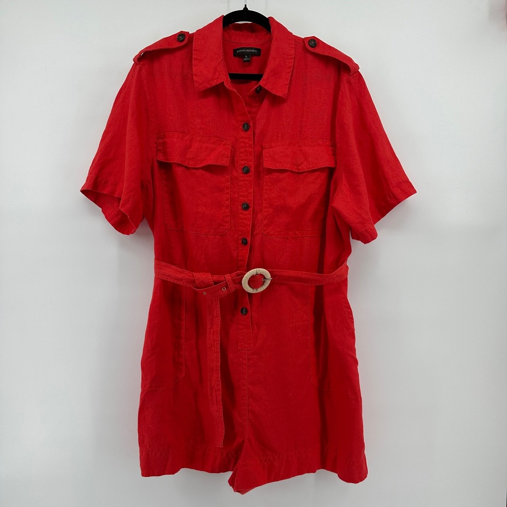 Banana Republic Orange Linen Utility Shorts Romper Short Sleeve Belted Safari XL - Picture 2 of 7